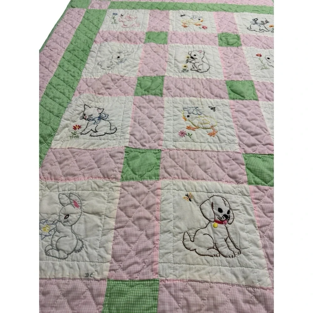 Hand Embroidered Hand Quilted 15 Squares Animals Pink Green Gingham 67‎ X 44